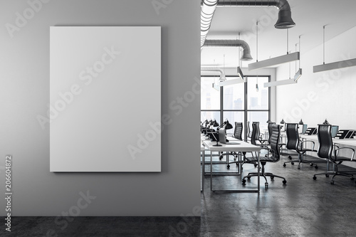 Modern coworking interior with banner