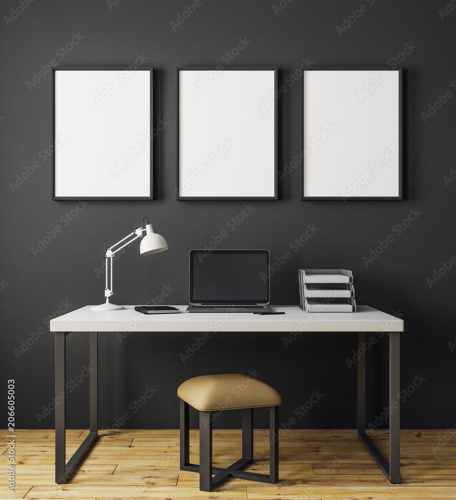 Modern interior with laptop and banner Modern interior with laptop and banner