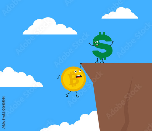 cartoon bitcoin character hanging on cliff and dollar standing on top