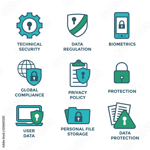 GDPR and Privacy Policy Icon Set with locks, padlocks and shields