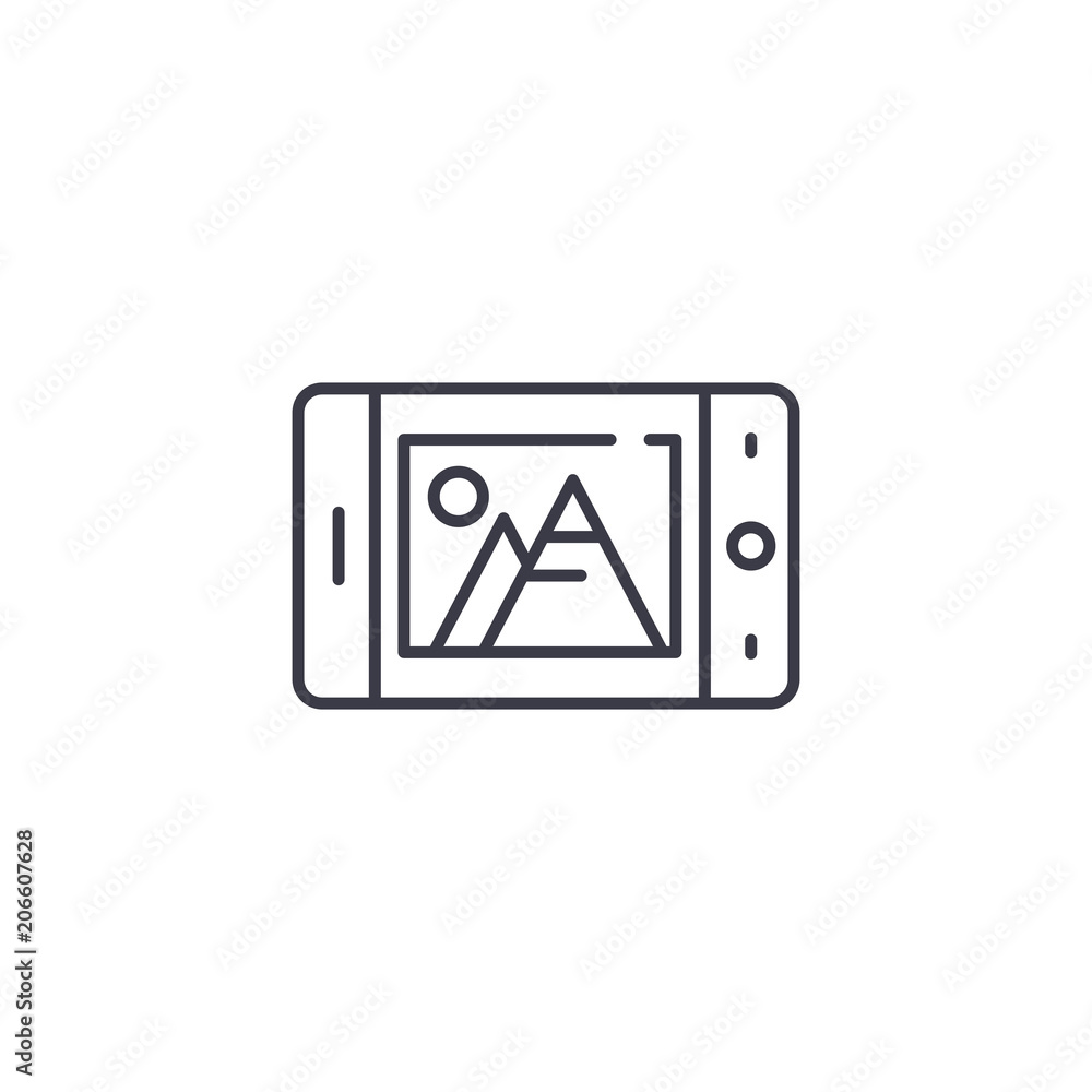 Mobile camera linear icon concept. Mobile camera line vector sign, symbol, illustration. Mobile camera linear icon concept. Mobile camera line vector sign, symbol, illustration.