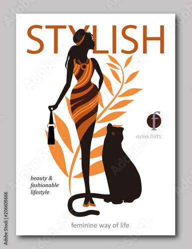 Abstract woman with bag and big cat panter in ethnic style. Fashion magazine cover design for the summer holiday season photo