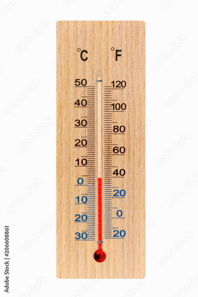 Wooden meteorology thermometer isolated on white background. Air  temperature plus 4 degrees celsius Stock Photo | Adobe Stock
