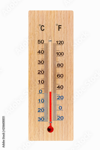 Wooden meteorology thermometer isolated on white background. Air temperature plus 2 degrees celsius