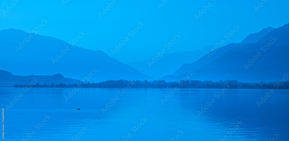Foggy morning landscape on the shores of the Obersee (Upper Lake Zurich) , Switzerland