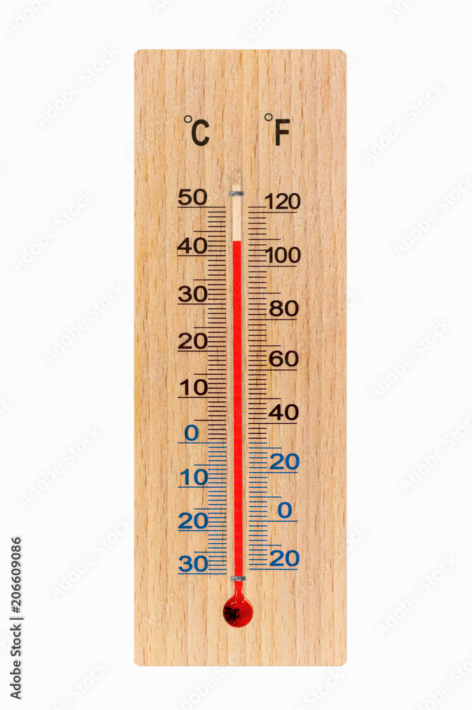 Celsius scale thermometer for measuring weather temperature. Thermometer  isolated on white background. Ambient temperature plus 43 degrees Stock  Photo