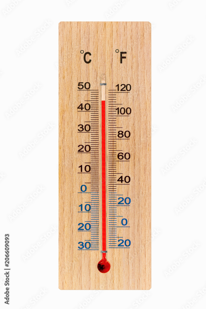 Wooden meteorology thermometer isolated on white background. Air  temperature plus 45 degrees celsius Stock Photo | Adobe Stock