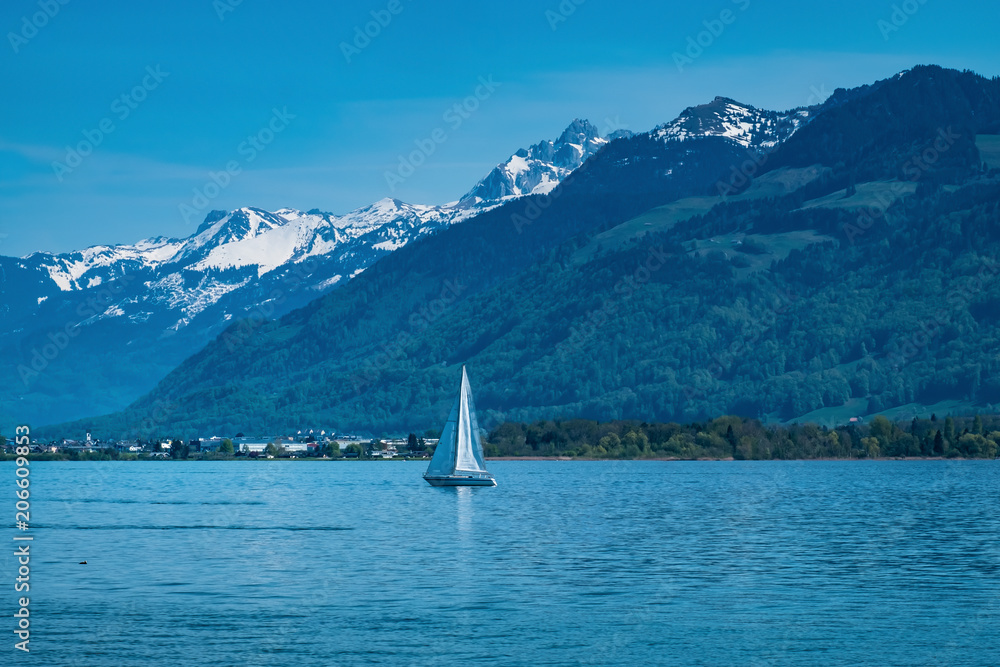 Naklejka premium Springtime sailing and kayaking along the shores of the Upper Zurich Lake (Obersee), Switzerland