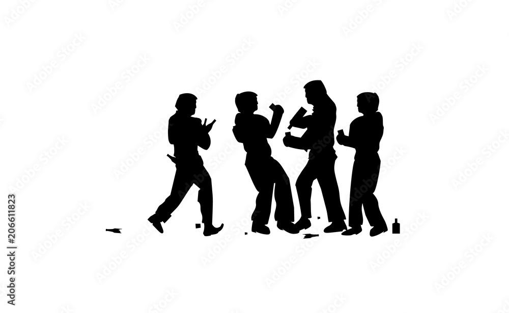 Drunk people, drunk party, four men drinking vector silhouettes icon, sign, illustration on white background