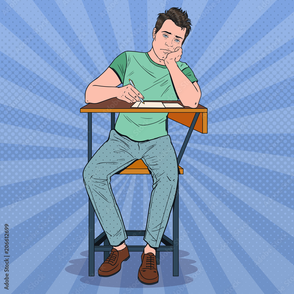 Pop Art Lazy Student Sitting on the Desk During Boring University Lecture.  Tired Handsome Man in College. Education Concept. Vector illustration Stock  Vector | Adobe Stock
