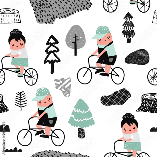 Tapety Dzieci na rowerze wzór. Twórczy dziecinna tło z dziećmi i rowery do tapet, tkanin, papieru do pakowania. Ilustracji wektorowych