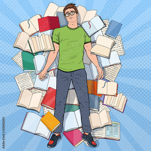 Pop Art Exhausted Student Lying on the Floor among Books. Overworked Young Man Preparing for Exams. Education Concept. Vector illustration