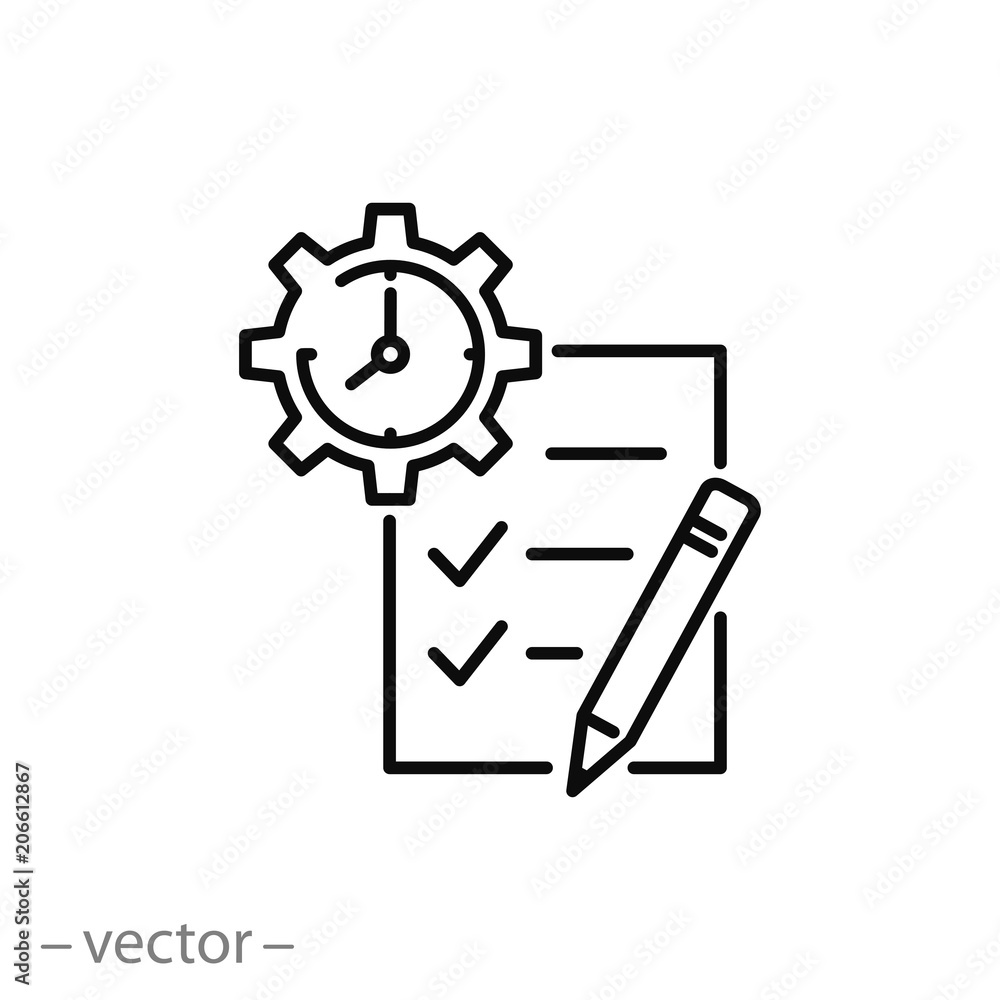 work done for a certain time icon, checklist and gear with time, line sign - vector illustration eps10 work done for a certain time icon, checklist and gear with time, line sign - vector illustration eps10