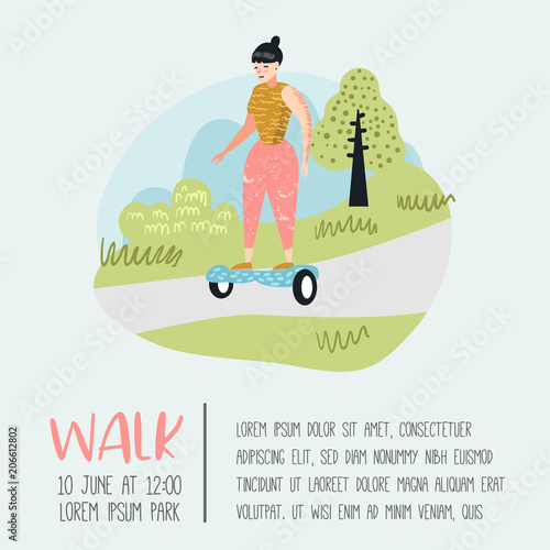 Summer Outdoor Sport Activities. Active Woman Riding Gyroscooter in the Park Poster, Banner. Electric Urban Transport. Vector illustration