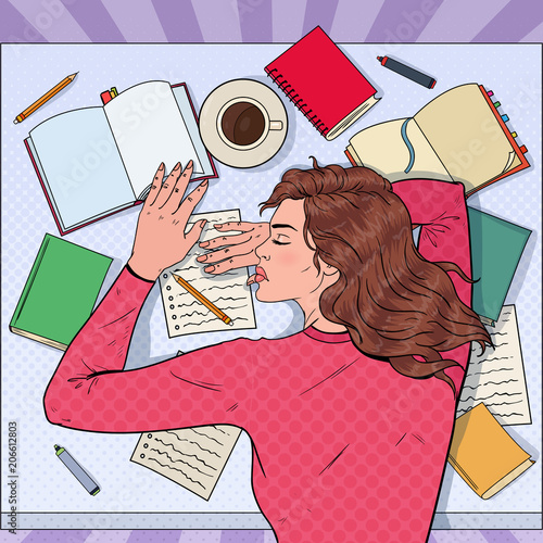Pop Art Exhausted Female Student Sleeping on the Desk with Textbooks
