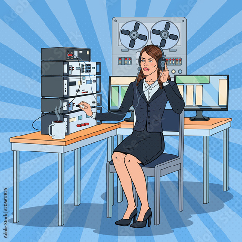 Pop Art Woman Wiretapping Using Headphones and Reel Recorder. Female Spy Agent. Vector illustration