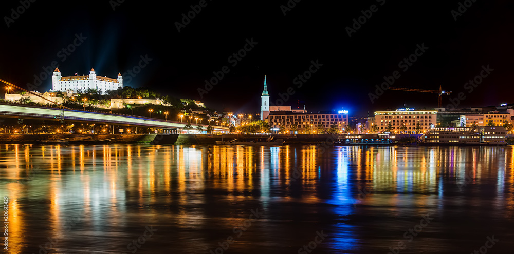 Bratislava, Slovakia May 23, 2018: Bratislava castle at night with light reflection on the dunaj river on right riverside