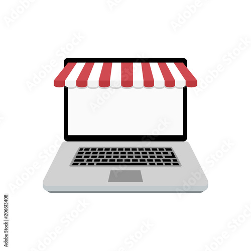 Web online store. Laptop with awning