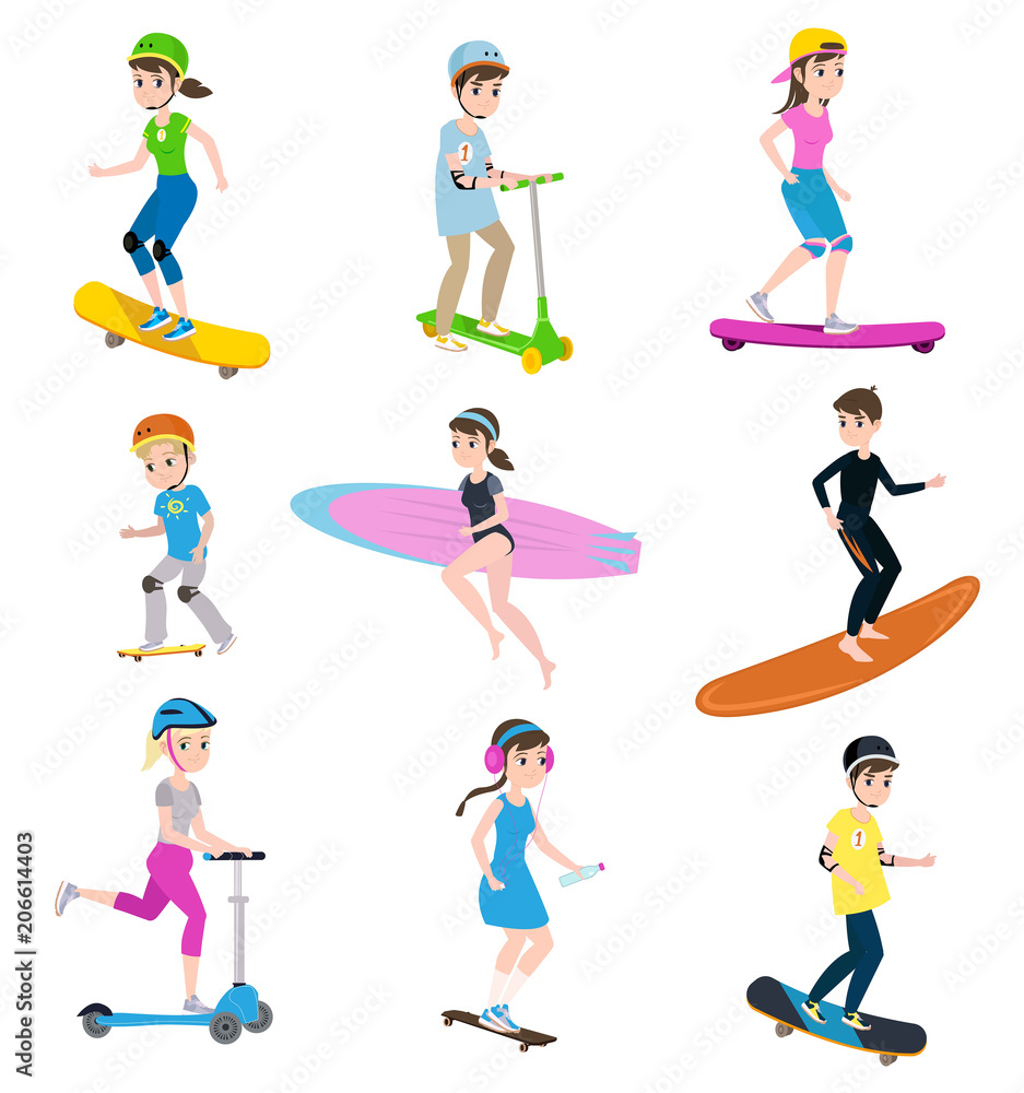 children and parents go in for sports together skating on a skateboard and other summer equipment