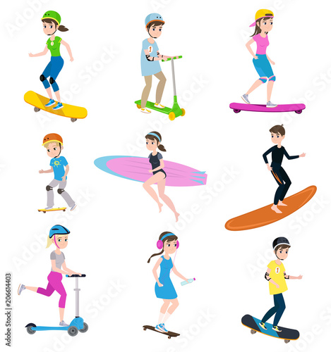 children and parents go in for sports together skating on a skateboard and other summer equipment