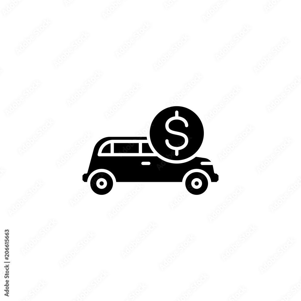 Car price black icon concept. Car price flat  vector symbol, sign, illustration.