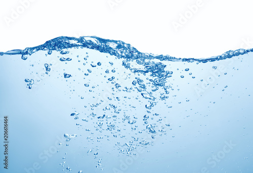clean blue water with splash and air bubbles on white background