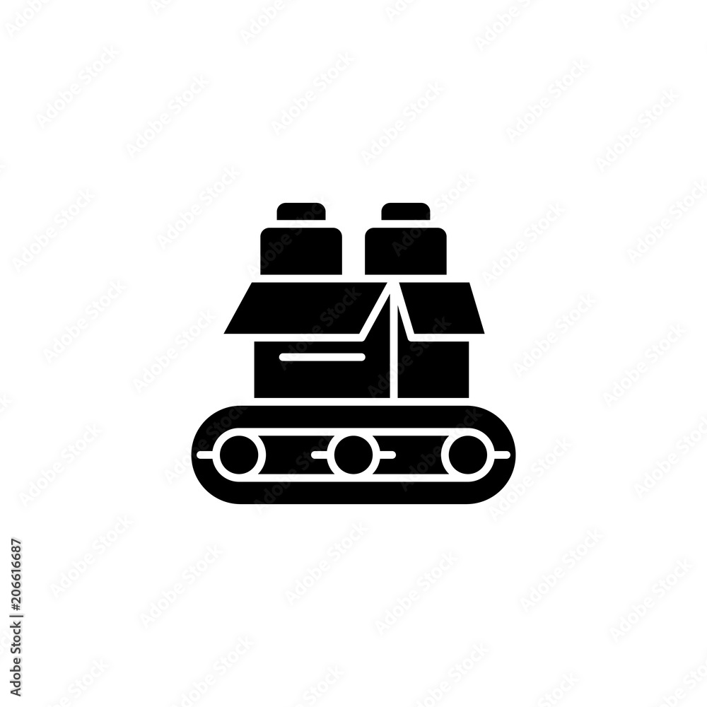 Conveyor black icon concept. Conveyor flat vector symbol, sign, illustration. Conveyor black icon concept. Conveyor flat vector symbol, sign, illustration.