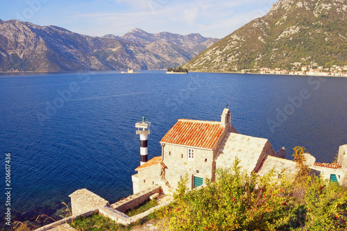 Beautiful autumn Mediterranean landscape. Montenegro, view of Bay of Kotor, Church of Our Lady of the Angels and two small islands (Our Lady of the Rocks and St. George)