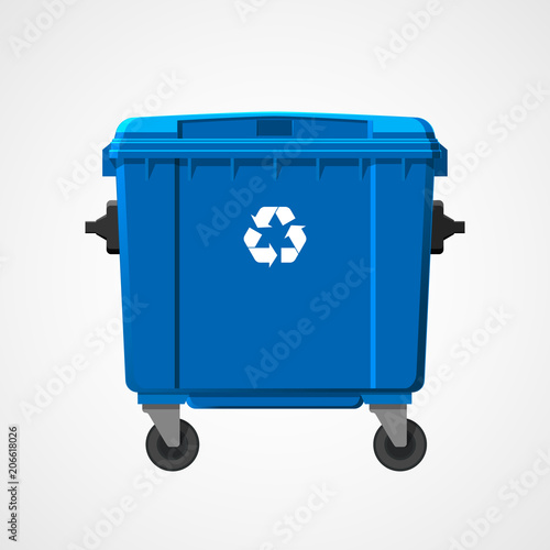 Blue big recycle bin isolated on white background. Flat style. Vector.