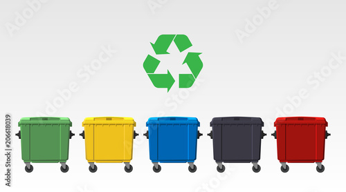 Different colors recycle bins isolated on white background. Flat style. Vector.