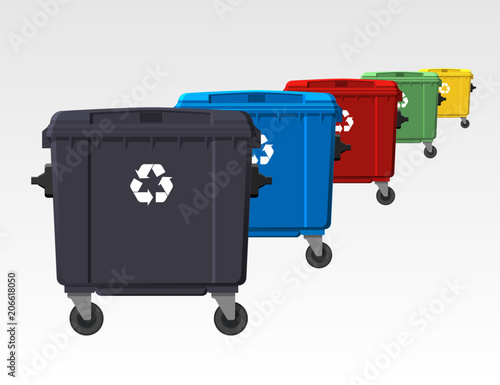 Different colors recycle bins isolated on white background. Flat style. Vector.