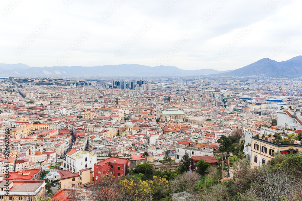 Panoramic scenic view of Naples buildings from San Martino hill, Campania, Italy