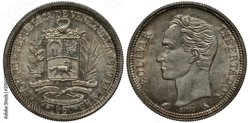 Venezuela Venezuelan silver coin 1 one bolivar 1960, shield with horse, stripes and two horns of plenty on top flanked by plant branches, ribbon below, Bolivar head left, patina, photo