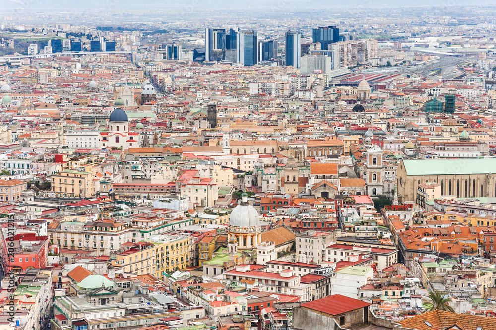 Naples cityscape panoramic view from San Martino hill, on background the directional business center, Campania, Italy