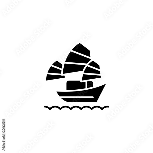 Sailing asian vessel black icon concept. Sailing asian vessel flat  vector symbol, sign, illustration.