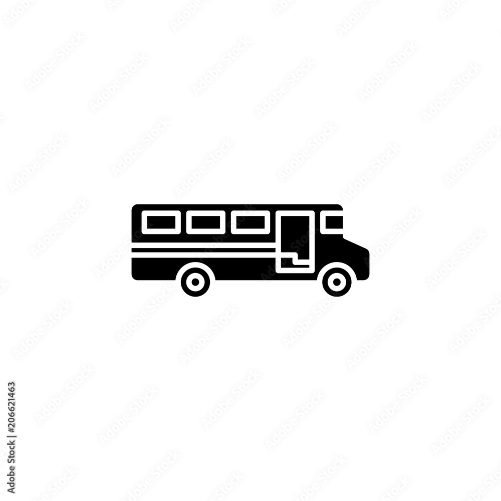 School bus driving black icon concept. School bus driving flat  vector symbol, sign, illustration.