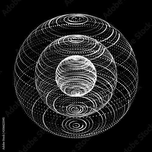 Abstract 3d sphere made of points. Abstract globe grid on dark background. Sphere particles.