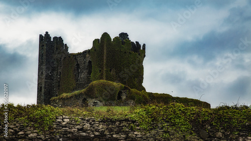 West Ireland, Ring of Kerry landscape with ruins of the Ballycarbery castle covered in ivy photo