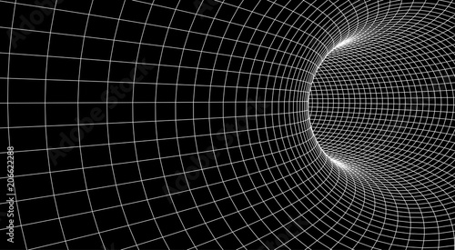 Tunnel or wormhole. Abstract Wormhole Science. 3D tunnel grid.Wireframe 3D surface tunnel.Grid texture