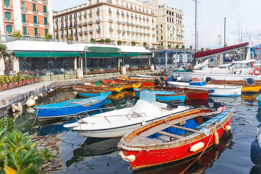 Naples, Campania, Italy - fishermen boats moored in Borgo Marinari