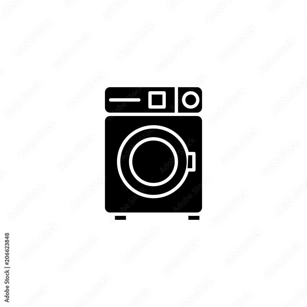 Washing machine black icon concept. Washing machine flat vector symbol, sign, illustration. Washing machine black icon concept. Washing machine flat vector symbol, sign, illustration.