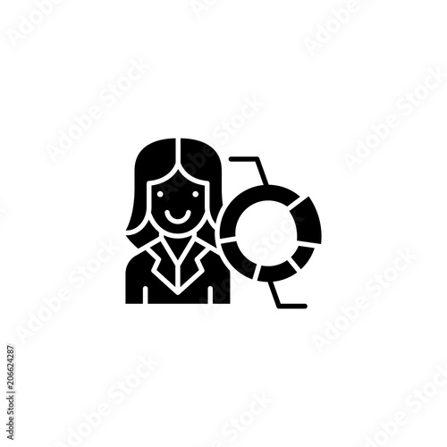 Woman analyst black icon concept. Woman analyst flat vector symbol, sign, illustration.