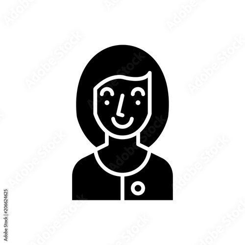 Young woman black icon concept. Young woman flat vector symbol, sign, illustration.