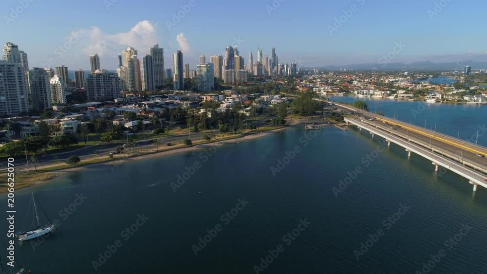 Gold Coast Australia - 27 April 2018 - Aerial drone view from above the Broadwater looking South to Surfers Paradise. Gold Coast Australia - 27 April 2018 - Aerial drone view from above the Broadwater looking South to Surfers Paradise.