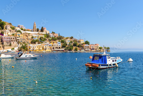 View of bay and boats. Symi island, Greece