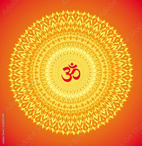 Mandala with the sign of Aum (Om, Ohm). Openwork delicate ornament. In red, orange and yellow tones. Vector graphics. photo