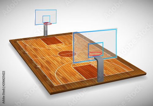 Perspective vector illustration of hardwood Basketball court field with shield. Vector EPS 10. Room for copy