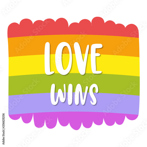 Gay Pride lettering on bright rainbow flag, inscription Love wins. LGBT rights concept. Vector template. photo