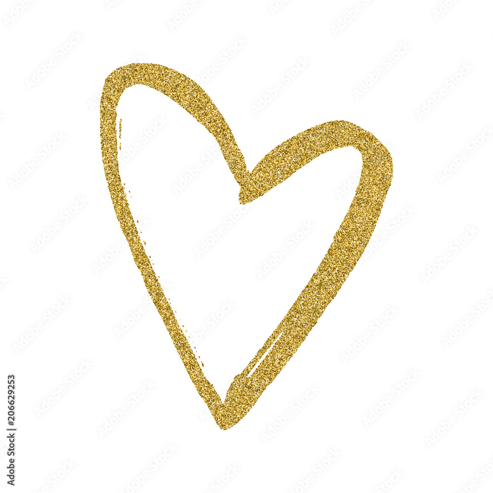 Golden hand drawn heart on white background. Heart print for fabric