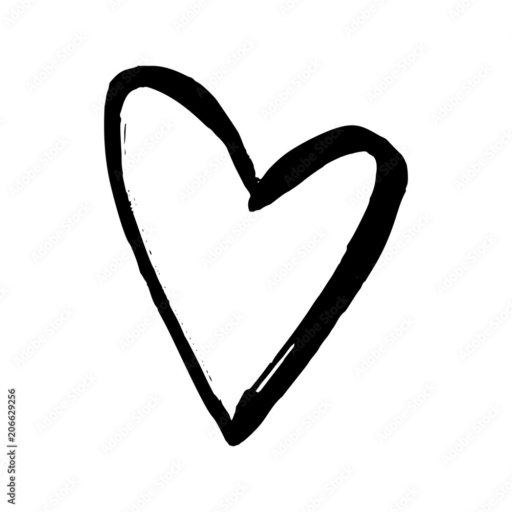 Black hand drawn heart on white background. Vector design element for